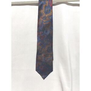 Oscar De La Renta Abstract Vintage Silk Tie Blue‎ Gold Red Aztec Indian Tribal